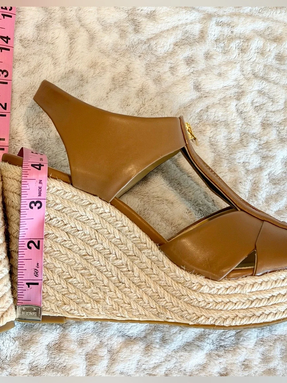 Michael Kors Jute Wedge Sandals Brown Front Zip Gold-Tone, size 7.5